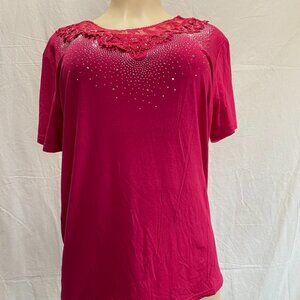 Rasberry Pink Lace Yoke Top with Rhinestone Embellishments – Short Sleeve Blouse